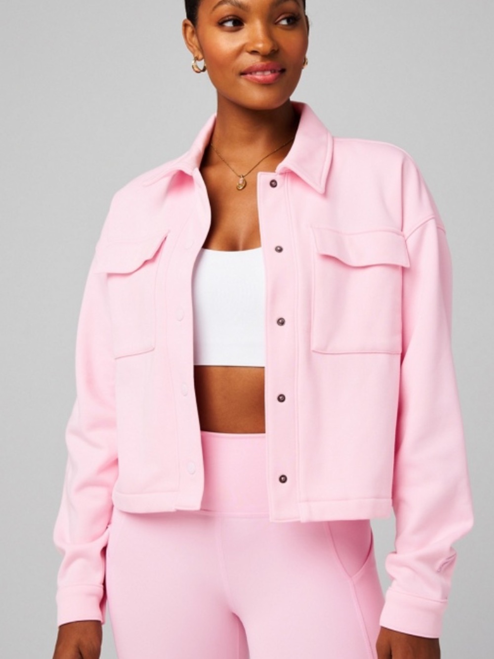 ·Fabletics· Pink Cozy Fleece Cropped Shirt Jacket Size Medium